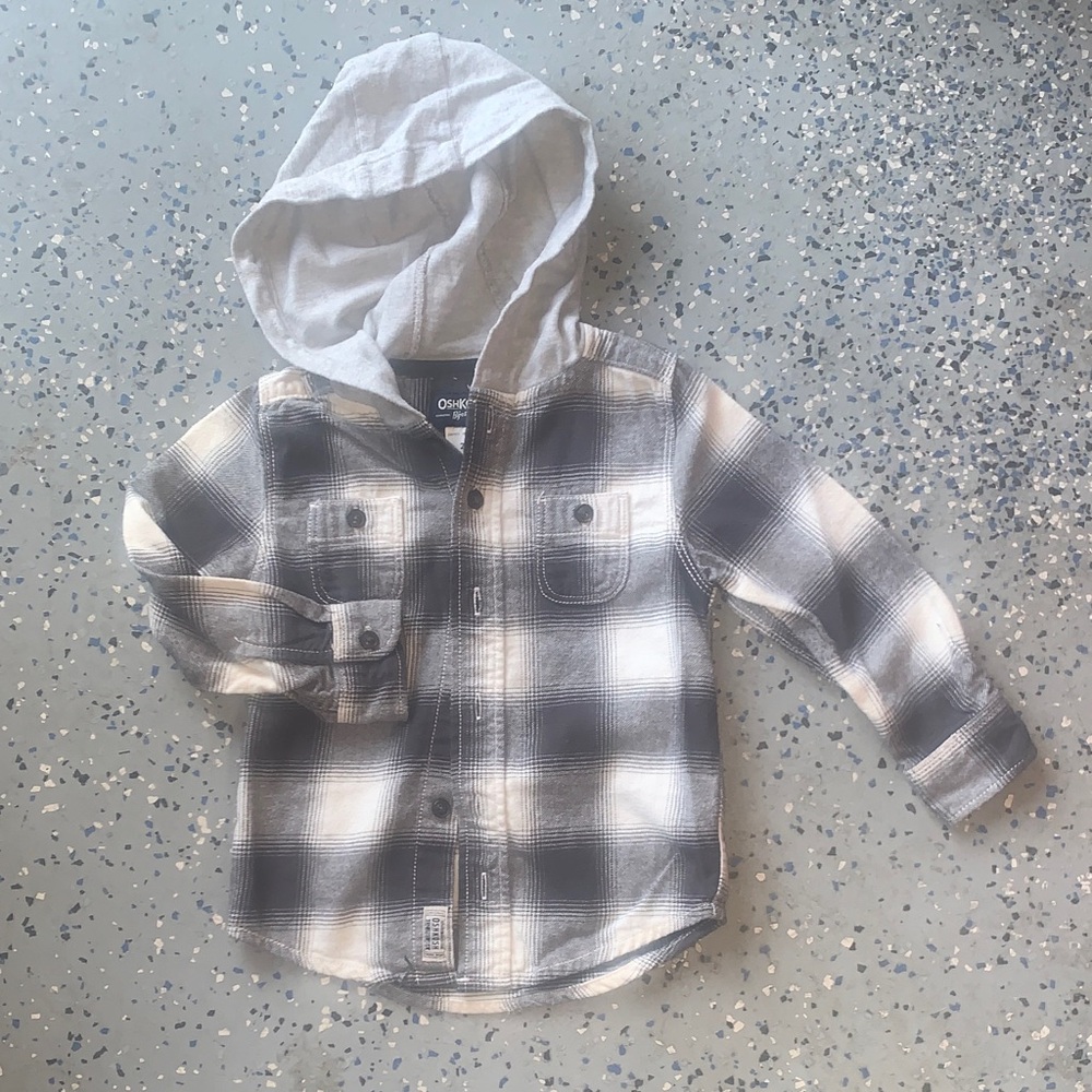 Osh Kosh Toddler Boys Plaid Hooded Shirt - Black/Gray and White